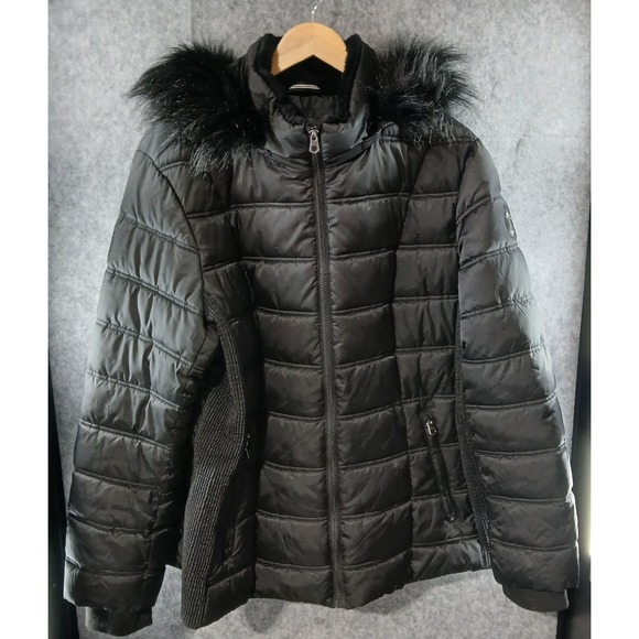 Nautica Puffer Jacket Black Faux Fur Hooded Water Resistant Winter Coat - Picture 1 of 7